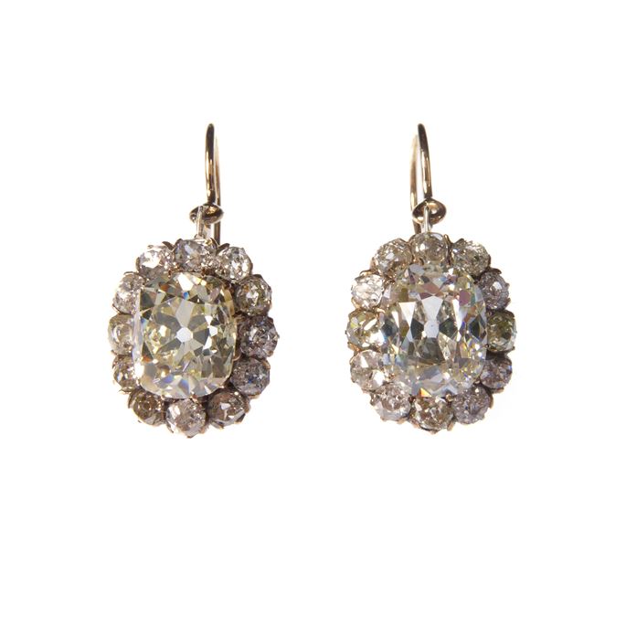 Pair of cushion diamond cluster pendant earrings | MasterArt